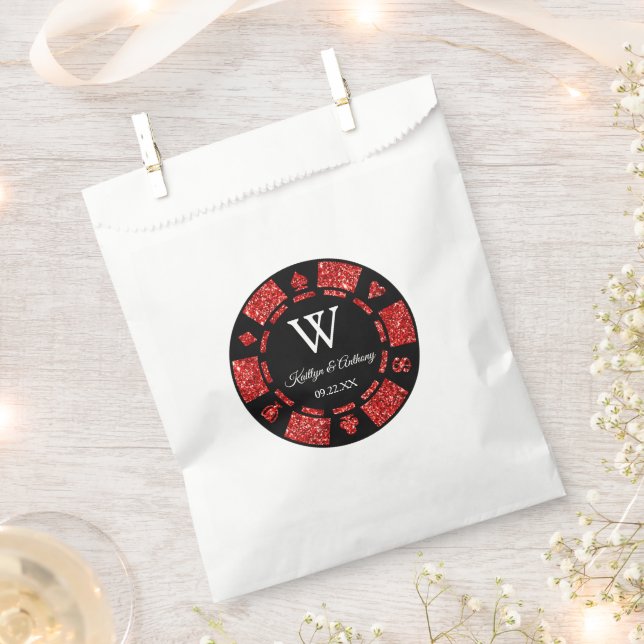 Red Glitter Poker Chip Casino Wedding Favor Bag (Clipped)