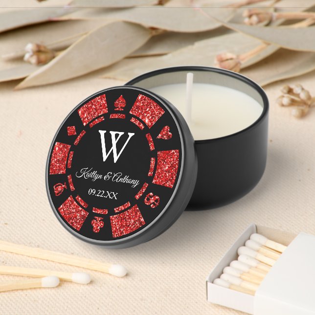 Red Glitter Poker Chip Casino Wedding Mini Candle Favors (Insitu)