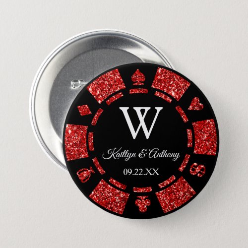Red Glitter Poker Chip Casino Wedding Party Favor Button