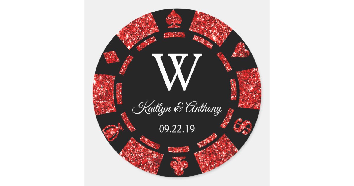 Red Glitter Poker Chip Casino Wedding Party Favor Classic Round Sticker