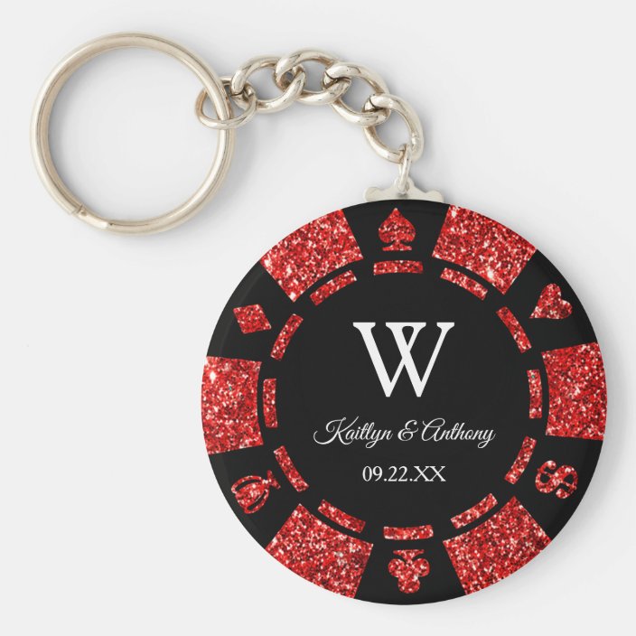 Red Glitter Poker Chip Casino Wedding Party Favor Keychain