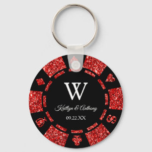 Red Glitter Poker Chip Casino Wedding Party Favor Keychain