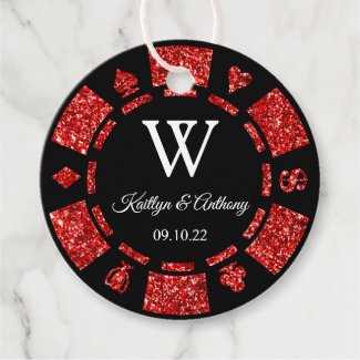 Red Glitter Poker Chip Casino Wedding Party Favor Tags