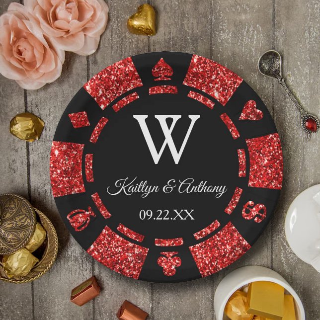 Red Glitter Poker Chip Casino Wedding Party Paper Plates (Creator Uploaded)