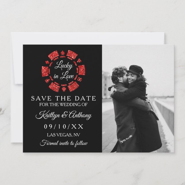 Red Glitter Poker Chip Casino Wedding Photo Save The Date (Front)