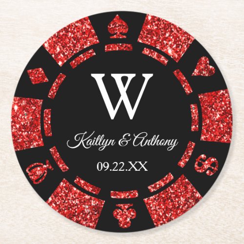 Red Glitter Poker Chip Casino Wedding Round Paper Coaster