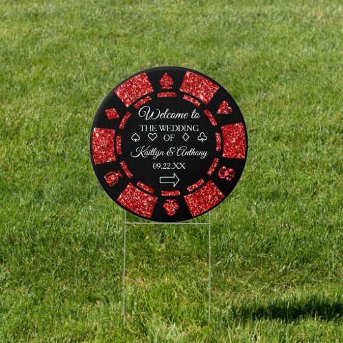 Red Glitter Poker Chip Casino Wedding Welcome Sign