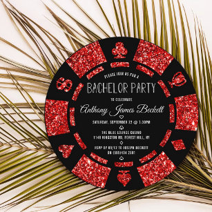 Red Glitter Poker Chip Las Vegas Bachelor Party Invitation