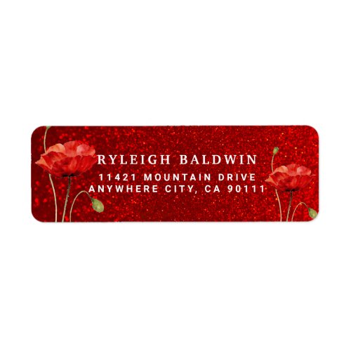 Red Glitter Poppy Flowers Return Address Label