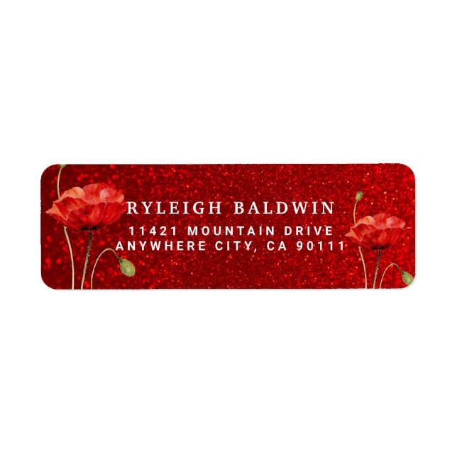Red Glitter Poppy Flowers Return Address Label (Front)
