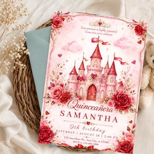 Red Glitter Princess Castle Quinceañera Invitation