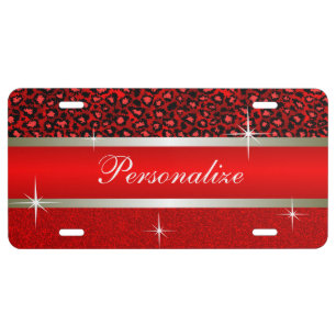 Red Glitter Print & Leopard Animal Personalize License Plate