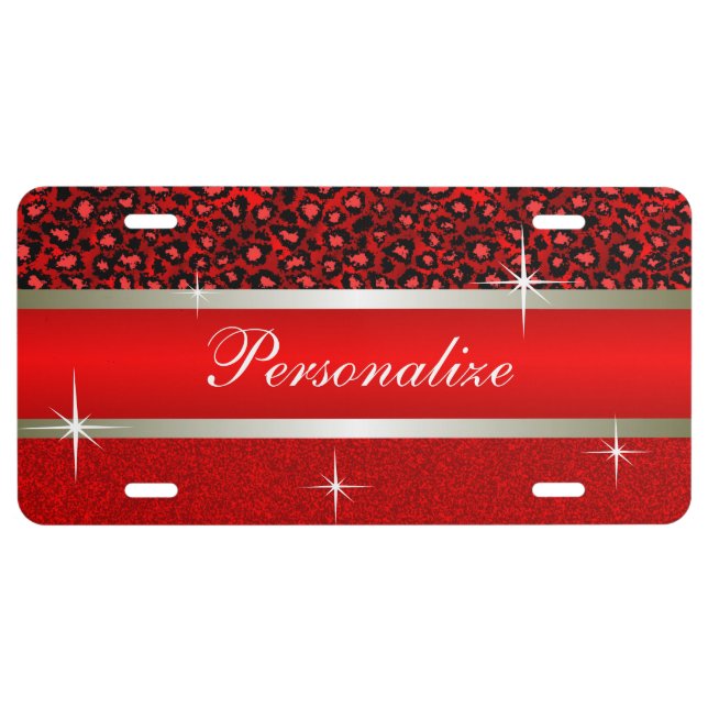 Red Glitter Print & Leopard Animal | Personalize License Plate (Front)