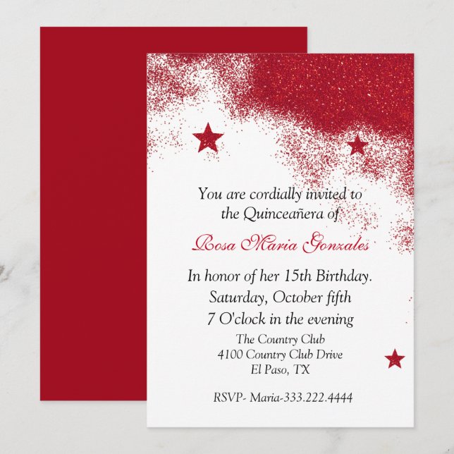 Red Glitter Quinceañera Invitation (Front/Back)