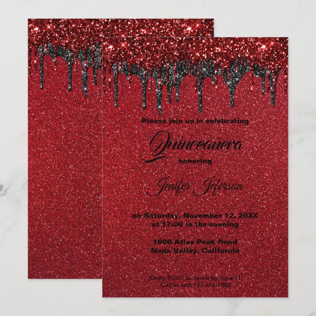 Red glitter Quinceanera Invitation (Front/Back)