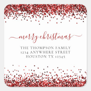Red Glitter Return Name Address Merry Christmas Square Sticker
