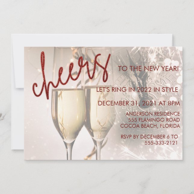 Red Glitter Script New Year Celebration Invitation (Front)