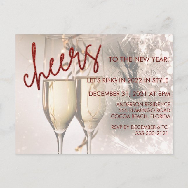 Red Glitter Script New Year Celebration Invitation Postcard (Front)
