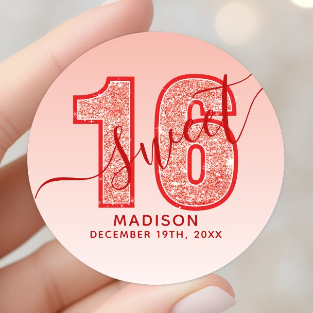 Red Glitter Script Sweet 16 Birthday Classic Round Sticker (Creator Uploaded)