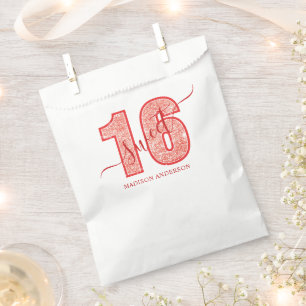 Red Glitter Script Sweet 16 Birthday Glam Favor Bag