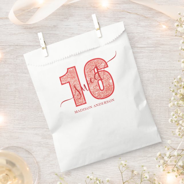 Red Glitter Script Sweet 16 Birthday Glam Favor Bag (Clipped)