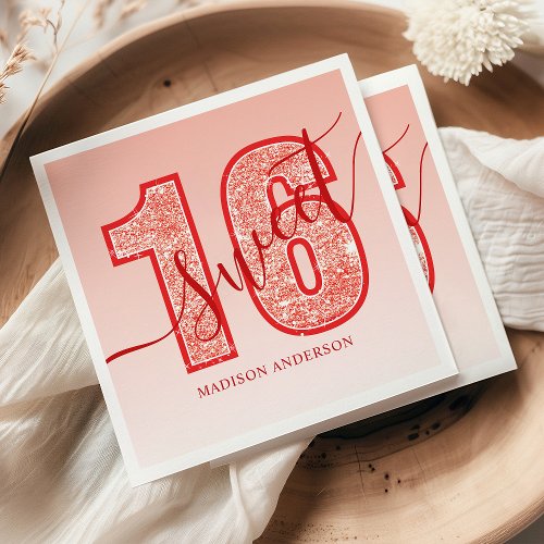 Red Glitter Script Sweet 16 Birthday Napkins