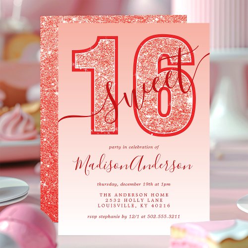 Red Glitter Script Sweet 16 Birthday Party Invitation