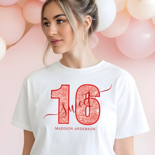 Red Glitter Script Sweet 16 Birthday Tri-Blend Shirt