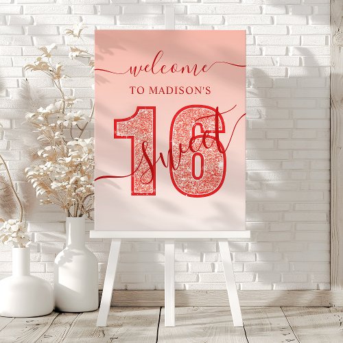 Red Glitter Script Sweet 16 Birthday Welcome Foam Board