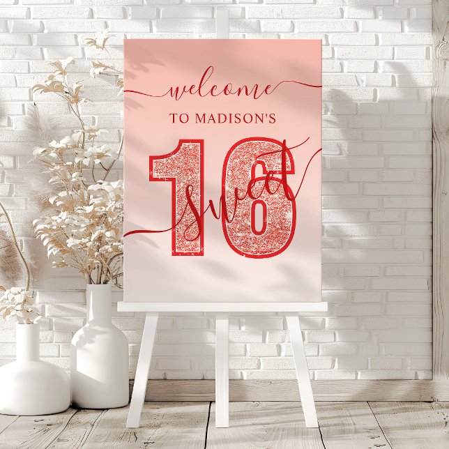 Red Glitter Script Sweet 16 Birthday Welcome Foam Board (Creator Uploaded)