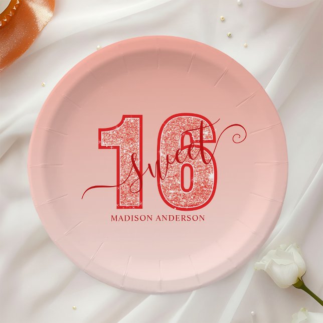 Red Glitter Script Sweet 16 Paper Plates (Creator Uploaded)