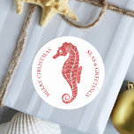 Red Glitter Seahorse Tropical Beach Christmas Classic Round Sticker<br><div class="desc">Add a coastal vibe to your holiday gifts and mail with these red glitter seahorse tropical beach themed Christmas stickers. There is both Merry Christmas and Seas & Greetings. Please check out the collection for matching products. If you would like more matching products or other colorways, please contact me through...</div>