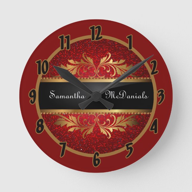 Red Glitter Sequin Disco Personalized Clock (Front)