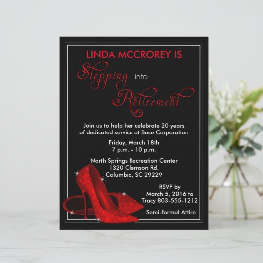 Red Glitter Shoes Retirement Invitation (Standing Front)
