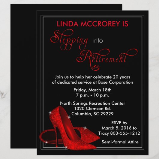Red Glitter Shoes Retirement Invitation (Front/Back)