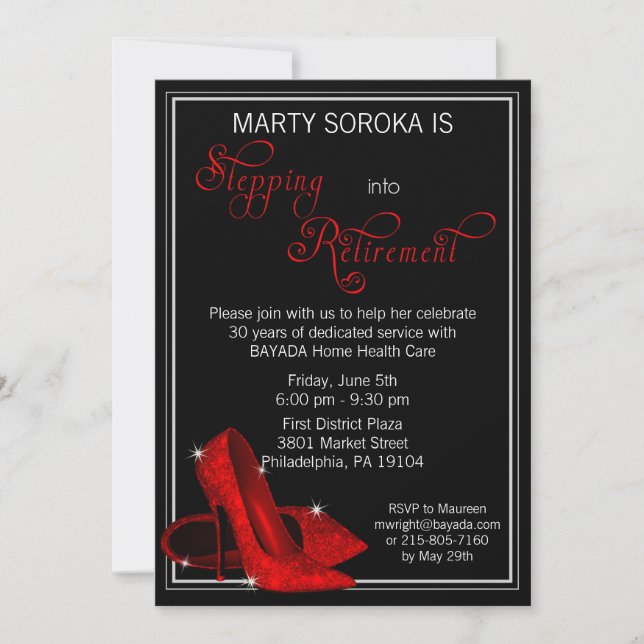 Red Glitter Shoes Retirement Invitation (Front)