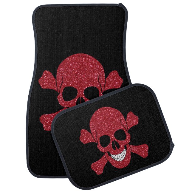 Red Glitter Skull And Crossbones Car Floor Mat (Set)