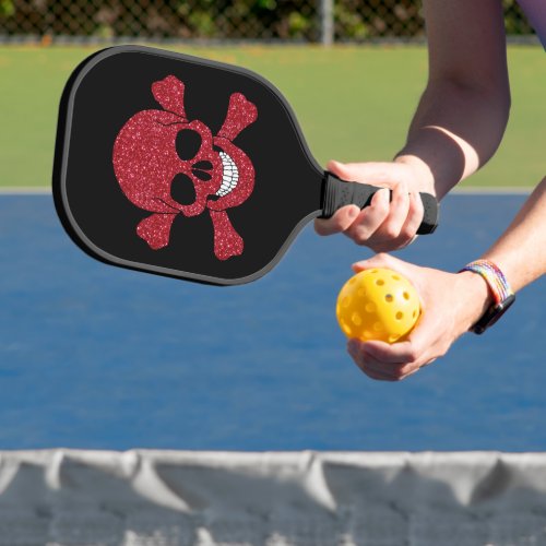 Red Glitter Skull And Crossbones Pickleball Paddle