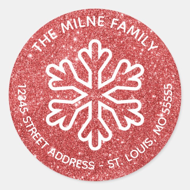 Red Glitter Snowflake - Circle Return Address Classic Round Sticker (Front)