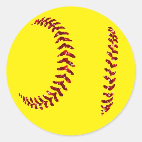 Red Glitter Softball Stiches Classic Round Sticker