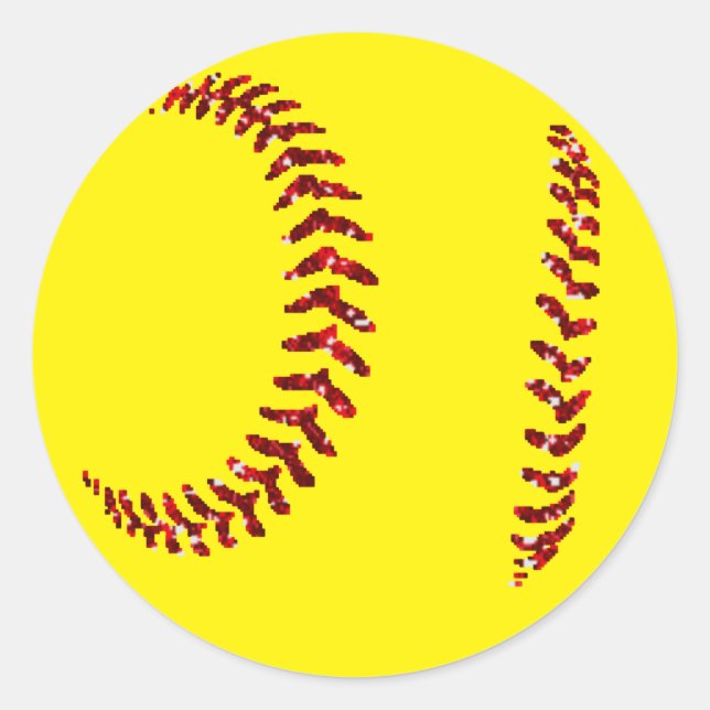 Red Glitter Softball Stiches Classic Round Sticker (Front)