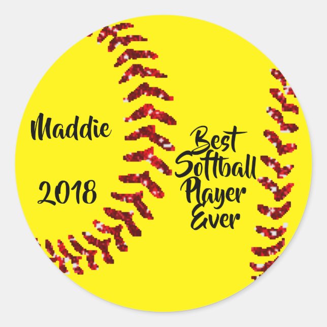 Red Glitter Softball Stiches Classic Round Sticker (Front)