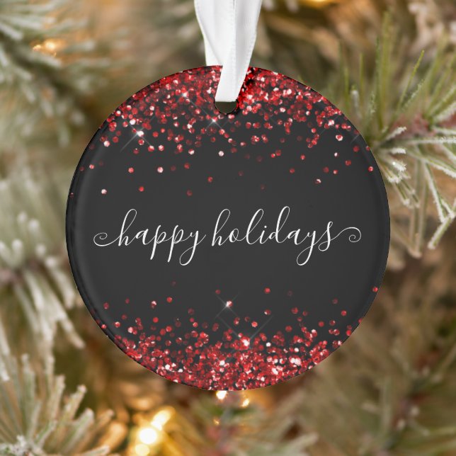 Red Glitter Sparkle Shine Happy Holidays Black Ornament (Tree)