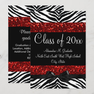 Red Glitter Sparkle Zebra Bow Graduation Invite