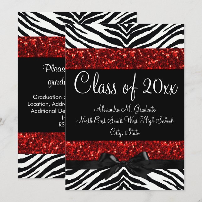 Red Glitter Sparkle Zebra Bow Graduation Invite (Front/Back)