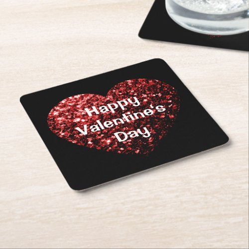 Red Glitter sparkles Heart Happy Valentines Day Square Paper Coaster