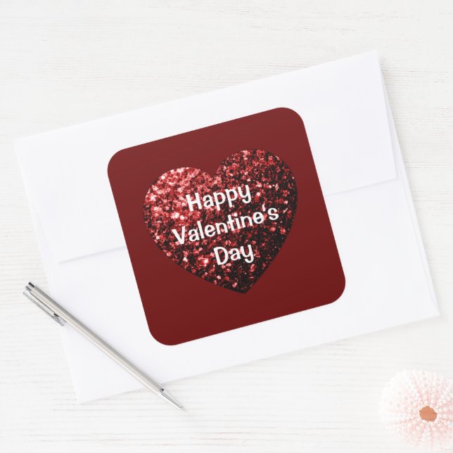 Red Glitter sparkles Heart Happy Valentine's Day Square Sticker (Envelope)