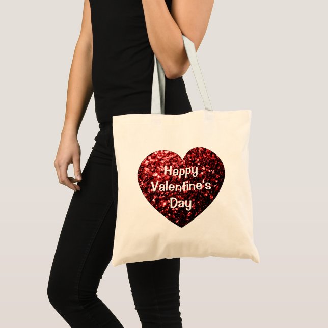 Red Glitter sparkles Heart Happy Valentine's Day Tote Bag (Front (Product))