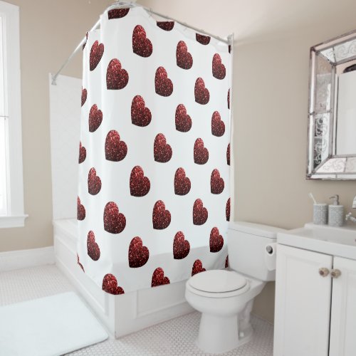 Red Glitter sparkles Heart pattern on White Shower Curtain