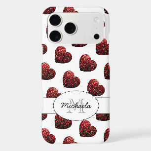 Red Glitter sparkles Hearts pattern white Monogram iPhone 17 Pro Max Case